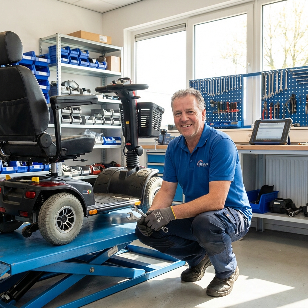 Professional technician repairing a mobility scooter